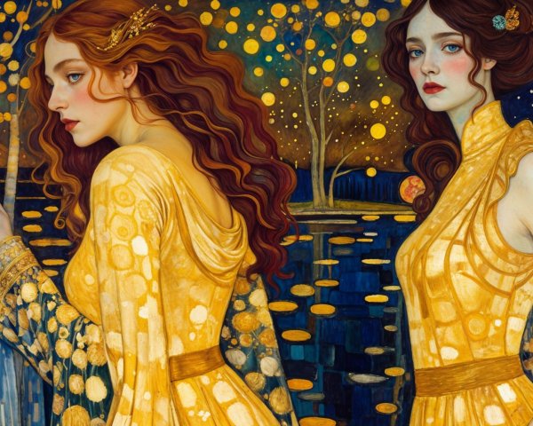 Women in Golden Dresses by a Shimmering Lake