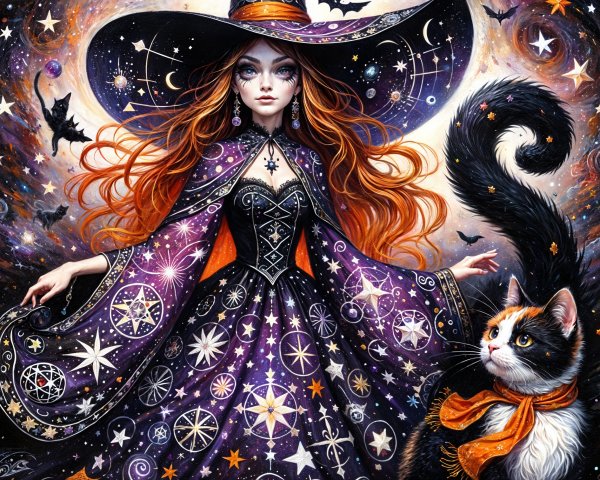 Mystical witch in purple gown with calico cat