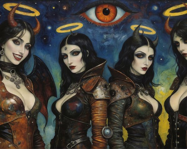 Dark Gothic Painting of Four Succubi in Armor