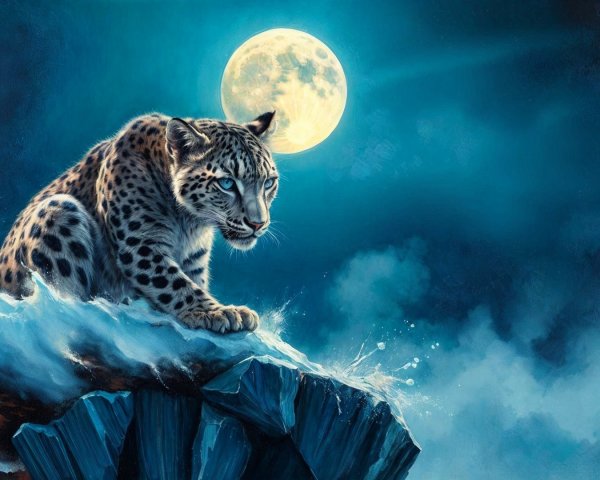 Snow Leopard on Rocky Outcrop Under Moonlight