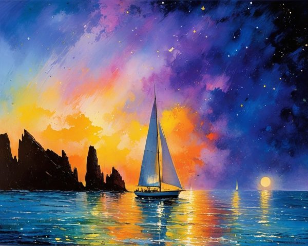 Vibrant Sunset Over Water with Sailboats and Rocks