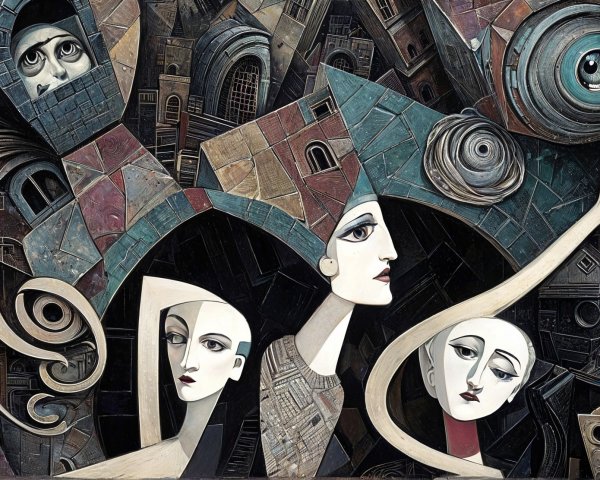 Abstract Figures with Elongated Faces and Geometric Background