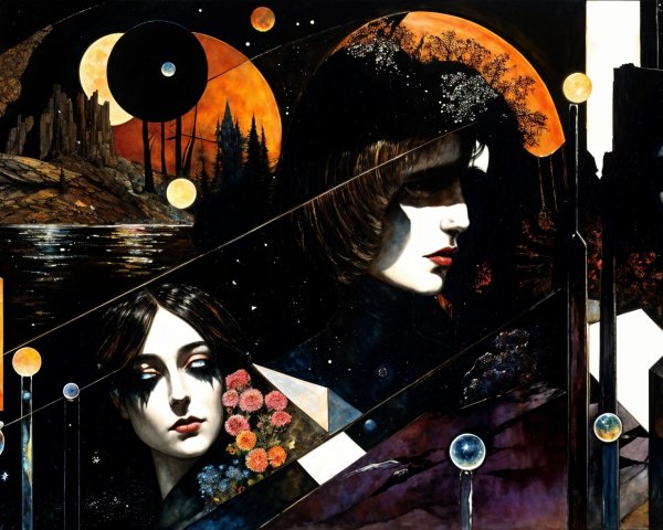 Surreal Landscape with Ethereal Figures and Cosmic Elements