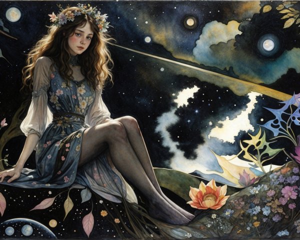 Dreamy Cosmic Landscape with Floral Dressed Woman