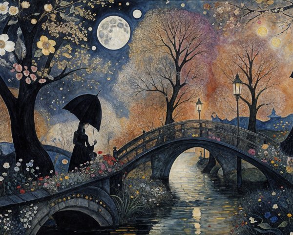 Twilight Landscape with Figures on a Flowered Bridge