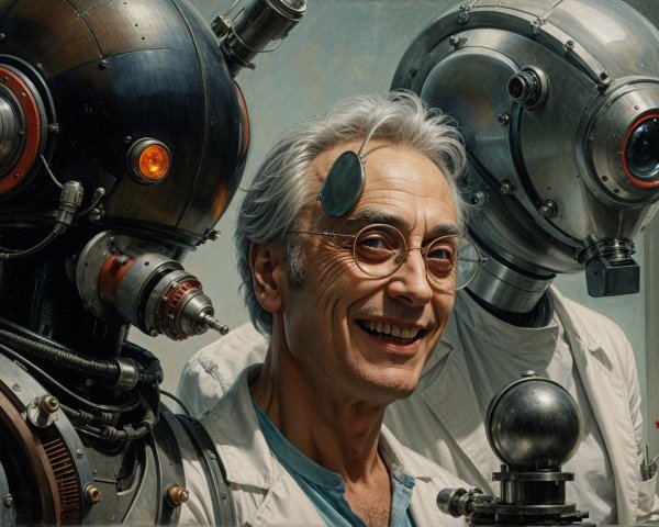 Scientist with Robots in a Futuristic Laboratory