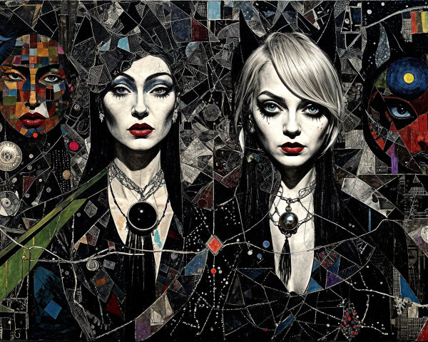 Surreal Artwork with Figures and Abstract Background