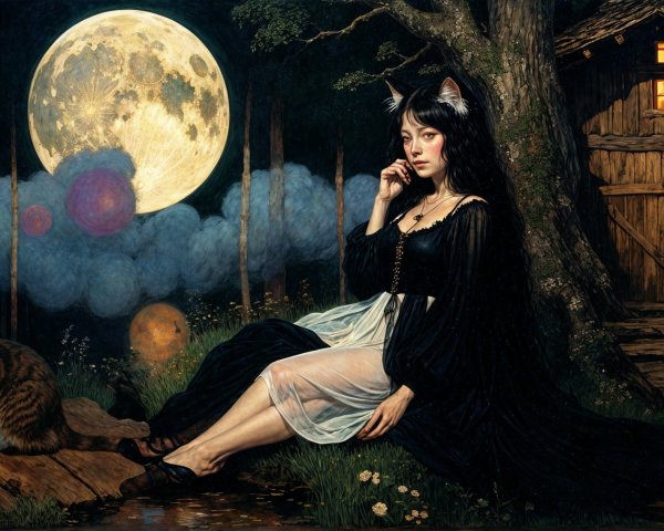 Mysterious scene with woman, cat, and cottage at night