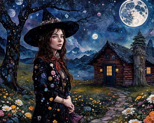Mystical Night Landscape with Woman and Cabin