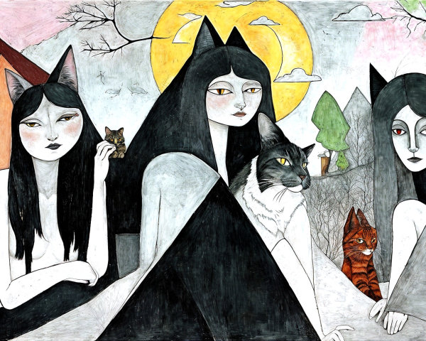 Stylized Feline Figures in a Serene Landscape
