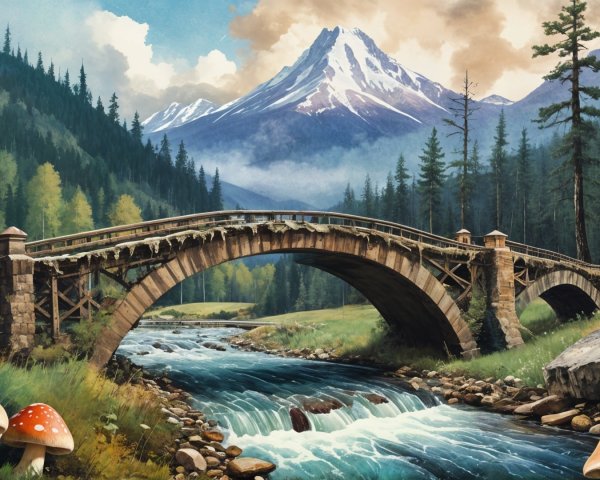 Serene landscape with stone bridge and mountains