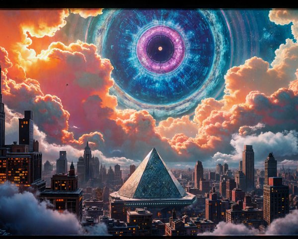 Surreal Cityscape with Glowing Eye and Pyramid Structure