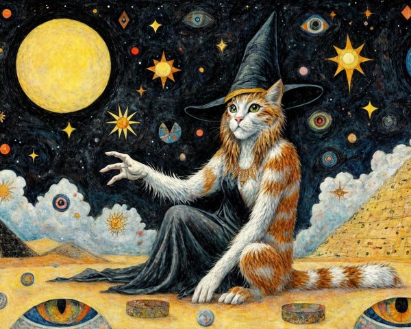 Whimsical Cat in Witch Hat Against Cosmic Backdrop