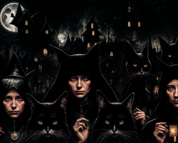 Mysterious Scene of Hooded Figures and Black Cats