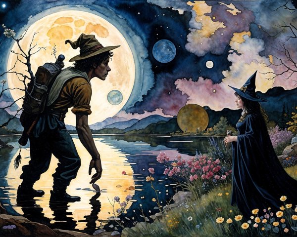 Mystical Landscape with Figure and Girl by Lake