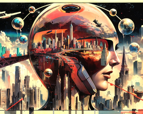 Futuristic Cityscape Merging with Robot Silhouette