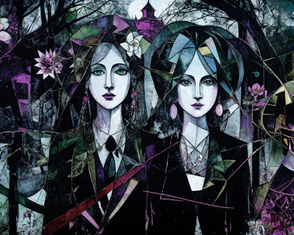 Three Stylized Figures Against Dark Fragmented Background