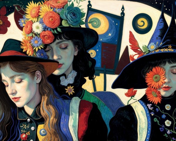 Three Women in Floral Hats with Dreamlike Background