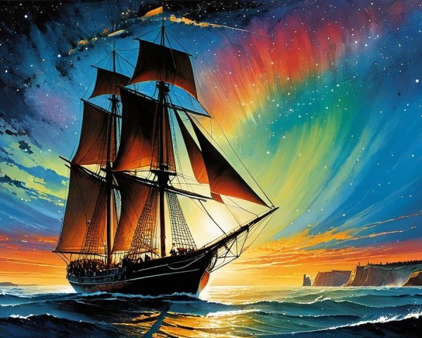 Majestic Sailing Ship on Vibrant Ocean at Dusk
