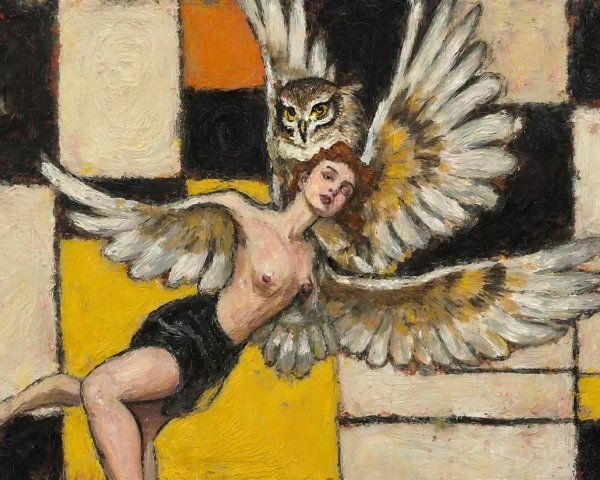 Oil painting of a woman with red hair and owl