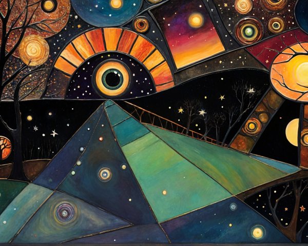 Abstract Landscape with Geometric Hills and Stars