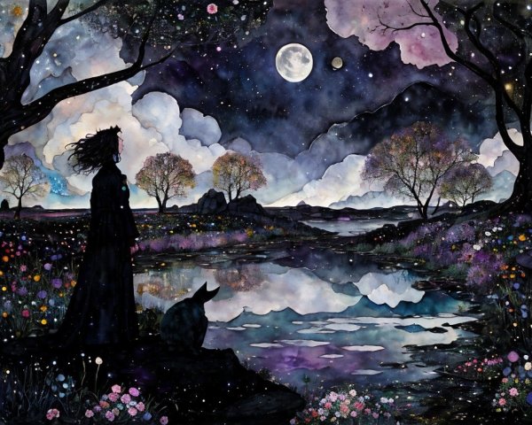 Serene Landscape with Woman, Cat, and Reflective Pond