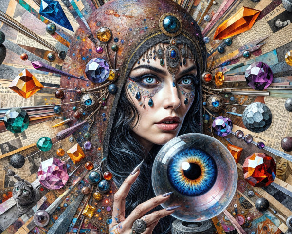 Mystical Woman with Blue Eyes and Gemstone Headdress