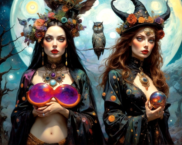 Mystical women in celestial attire with heart and sphere, owl under moonlit sky