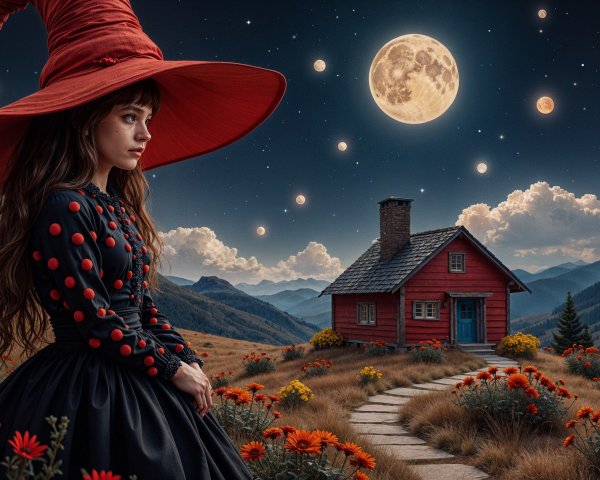 Young witch in red hat among vibrant orange flowers