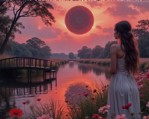 Twilight Scene with Woman by Tranquil River