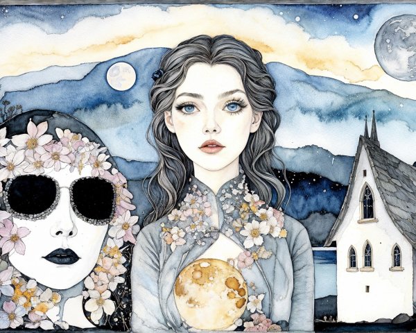 Whimsical Watercolor of Woman in Floral Cloak