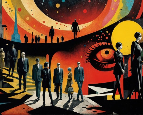 Surreal Illustration of Shadowy Figures in Urban Scene