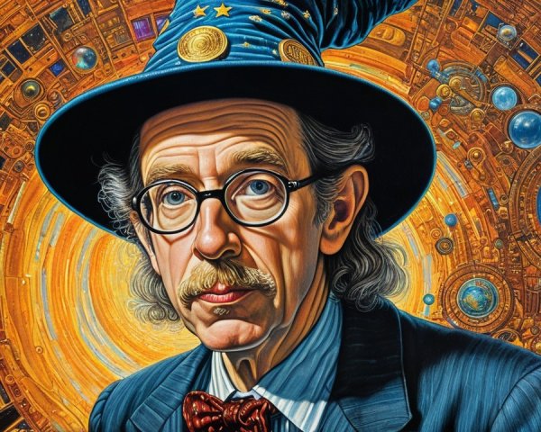 Whimsical Portrait of a Man in Wizard Hat and Suit