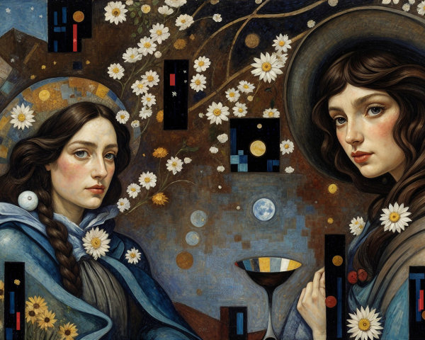 Women with Flowers in a Night Sky Artwork
