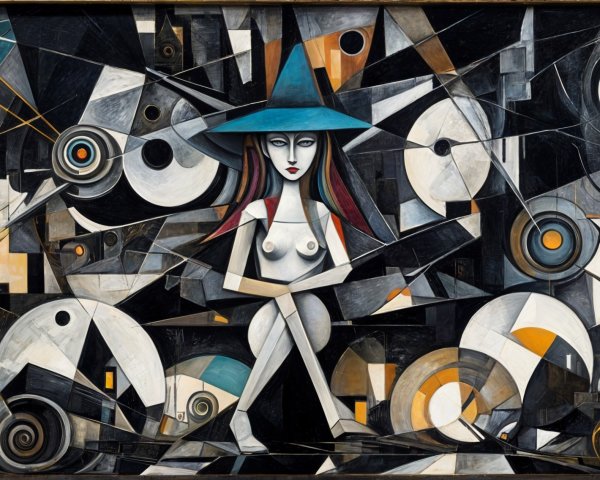 Stylized Woman in Abstract Landscape with Geometric Shapes