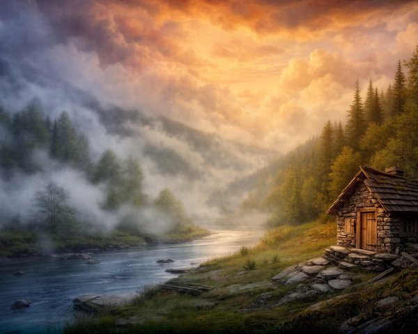 Cinematic Digital Painting of a Stone Cabin by River