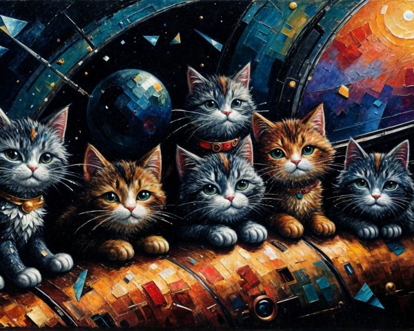 Whimsical Painting of Eight Cats in Cosmic Setting