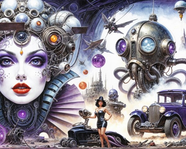 Surrealist Scene with Retro-Futurism and Fantasy Elements