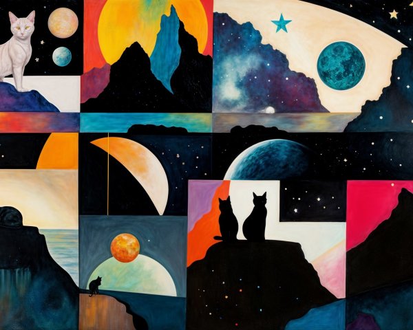 Vibrant Collage of Celestial Landscapes and Cats