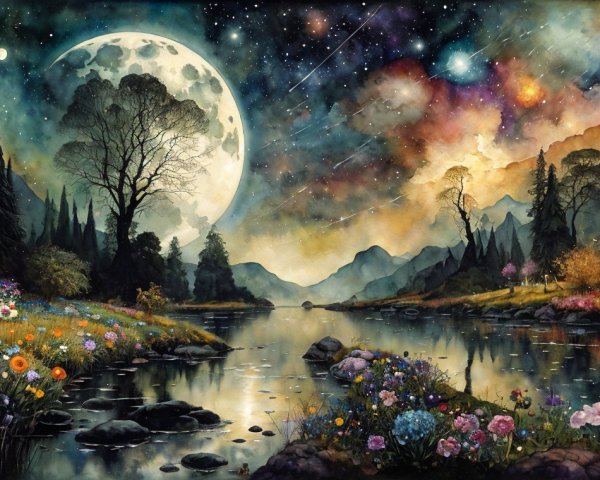 Twilight Landscape with River, Moon, and Mountains
