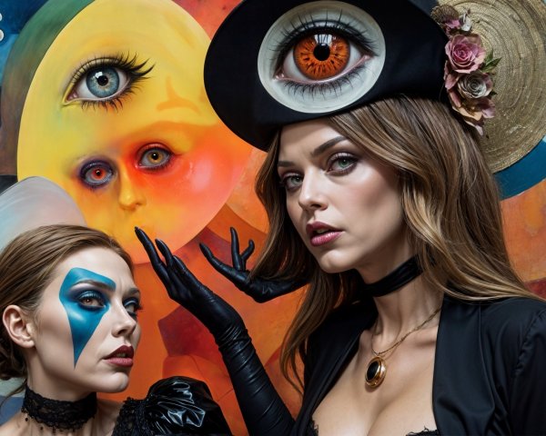 Women in Costumes with Celestial Background