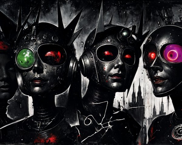 Cyborg Figures with Expressive Eyes in Dark Atmosphere