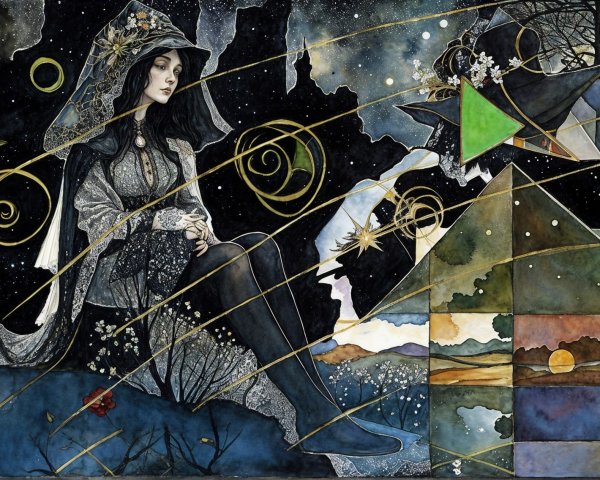 Mystical Woman in Cloak Against Starry Night Sky