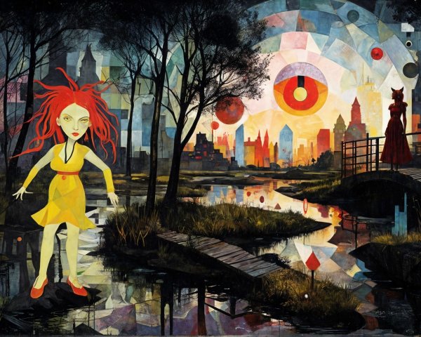 Surreal Landscape with Stylized Figures and City Skyline