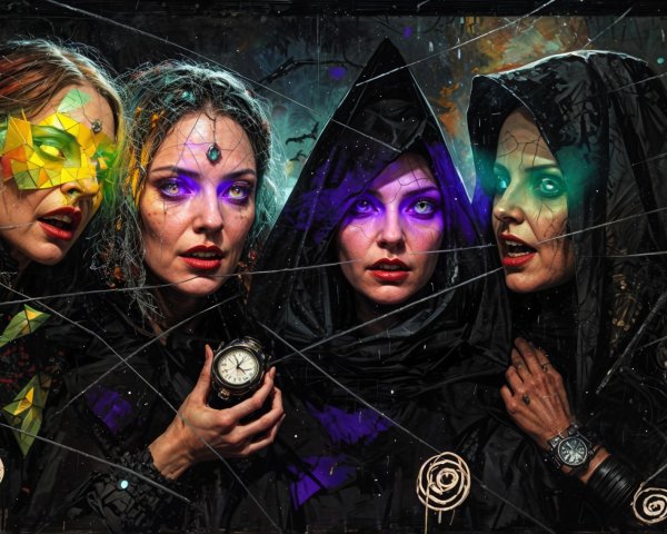 Mysterious Figures in Ornate Costumes and Dark Colors
