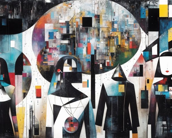 Abstract Artwork with Four Stylized Figures and Colors