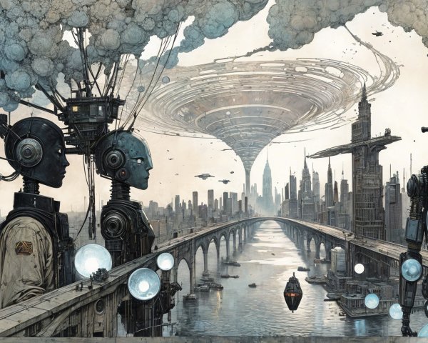 Futuristic cityscape with skyscrapers and robots