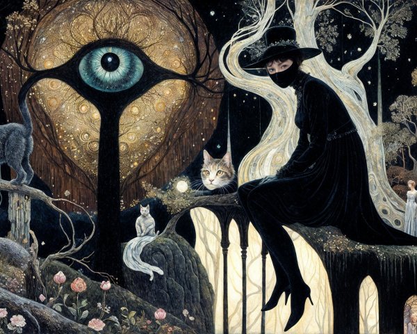 Mystical Forest Scene with Cloaked Figure and Creatures