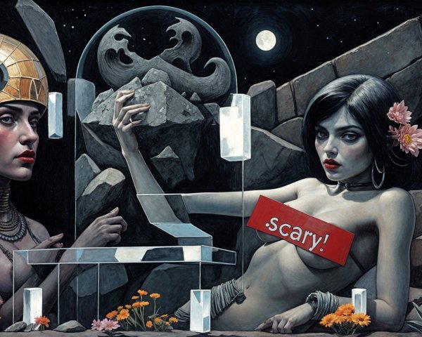 Surreal Artwork of Two Women in Eerie Landscape