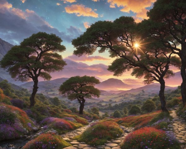 Serene landscape with twilight sky, stars, meadows, cobblestone path, and majestic trees
